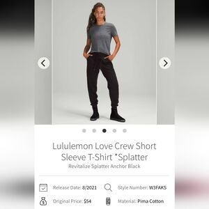 Lululemon Love Crew Short Sleeve T-Shirt * Splatter Sz 4 Grey/Black Pima Cotton